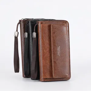 Men PU leather long wallet multi-card holder clutch bag with wrist strap daily use