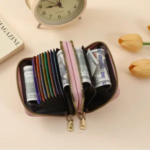 Pink accordion credit card holder for women, portable short multi-slot zippered wallet coin purse.