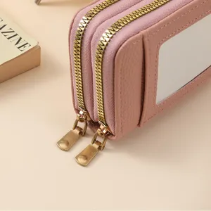 Pink double zipper card holder compact wallet for women pu leather accordion card case