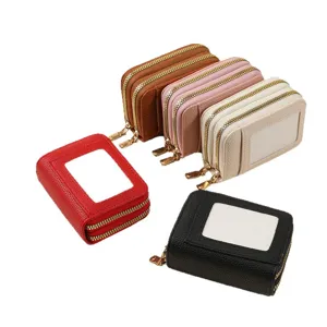 Women multi-slot card holder wallet PU leather zipper accordion card case portable pouch
