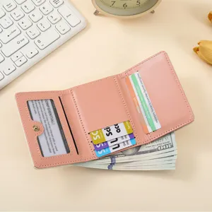 Pink trifold women's short wallet with card slots ID window cute minimalist design daily use