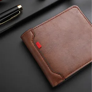 Men's short leather wallet bifold card holder slim minimalist brown purse for daily use