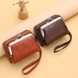 Women vintage kiss lock coin purse small clutch bag with wrist strap and zipper closure