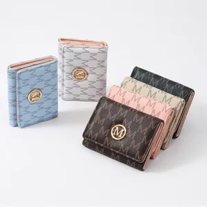 Fashion tri-fold women wallet with letter print and metal M logo, multi-card slot design.