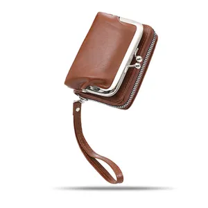 Women vintage clasp coin purse retro brown leather mini wallet with zipper wrist strap.