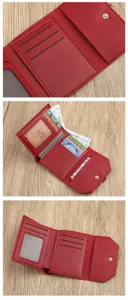 Red women trifold short wallet mini pu leather coin purse card holder with multi slots