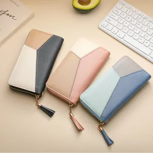Women's Long Wallet PU Leather Colorblock Zipper Clutch Large Capacity Tassel Fashion Casual Purse Handbag