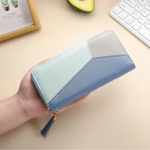Colorblock long women wallet zip clutch purse stylish design large capacity everyday bag