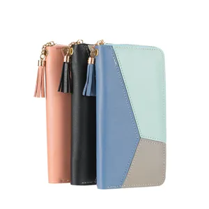 Women long zipper wallet color block clutch purse large capacity fashion chic daily accessory
