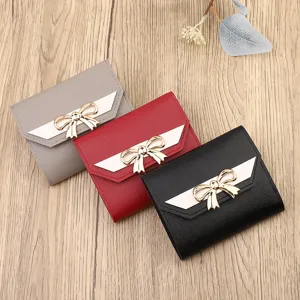 Women's Tri-fold Short Wallet Cute Bowknot PU Leather Mini Coin Purse Card Holder Chic
