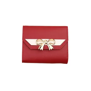 Red women short wallet with gold bowknot, stylish mini three fold coin purse card holder.