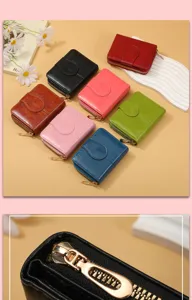 Details of the multi-card slot women's zipper buckle short wallet showing fine craftsmanship.
