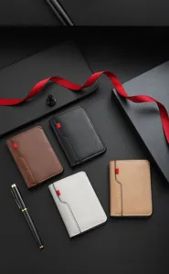 Detailed view of multiple colored men short wallets with elegant props on dark background.