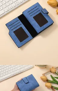 Women short wallet card holder frosted leather blue detail view multi card slots coin purse