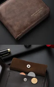 Close-up detail view of the retro leather men's wallet zipper coin pocket texture showcase.