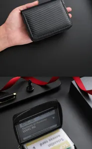 Black carbon fiber pattern zipper short wallet with multiple card slots for daily use.