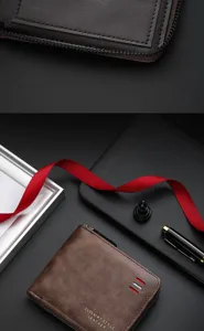 Close-up detail of vintage brown leather men wallet zipper texture and card slots design elegant