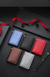 Close-up detail of carbon fiber textured vertical card wallet holder with multi slots and slots.