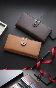 Men long PU leather wallet with large capacity multiple card slots stylish detail view.