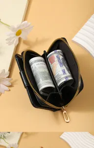 Women's black zip-around wallet with card slots and large capacity design for daily use.