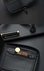 Men's black short leather wallet zipper coin purse card slots minimalist compact pocket bifold