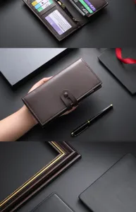 Men long leather wallet with large capacity, multiple card slots, secure coin pocket design.