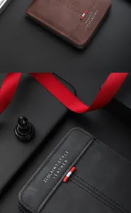 Detailed view of men's short leather wallet showcasing fine texture and secure zipper.