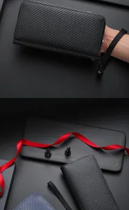 Men carbon fiber pattern long wallet with zipper and wrist strap business clutch bag