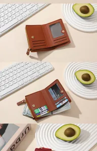 Brown short women wallet bifold zipper coin purse card slots PU leather compact wallet