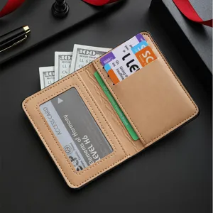 Men's vertical short wallet PU leather card holder with ID window and multi card slots.