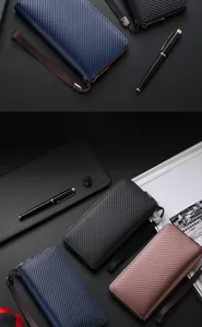 Men long carbon fiber wallet detail view, business clutch purse with zipper and wrist strap.