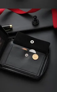 Black mens short leather wallet with coin pocket zipper closure compact design for daily use
