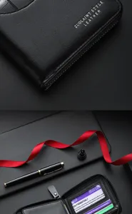 Detail view of black leather men short wallet featuring zipper closure and multiple card slots.