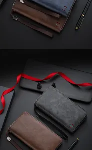 Close-up detail of men's long wallet with multi-card slots, zipper, and wrist strap design.