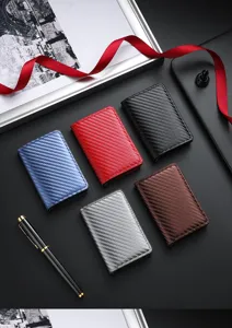 Closeup view of the slim carbon fiber RFID credit card holder showing multi-color options.