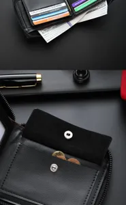 Men's short leather wallet detail view, multi-card slots and coin pocket design, black.