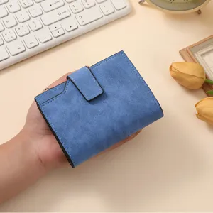Blue frosted short women wallet with zipper pocket and buckle closure, multi-card slot design.