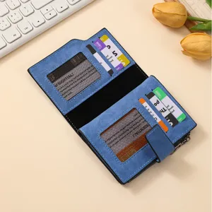 Blue frosted leather short wallet with card slots, zipper and snap closure for women.