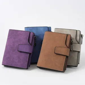 Women short wallet PU leather coin purse card holder zipper snap closure fashion chic.