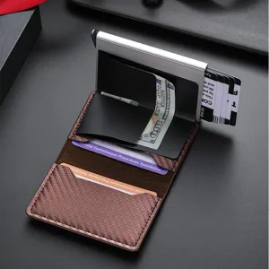 Men's carbon fiber pop-up card holder wallet with aluminum case and leather money clip.