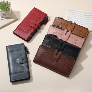 Women's Long PU Leather Wallet Retro Casual Multi-Card Slot Clutch Purse Large Capacity Phone Bag Waterproof Wristlet Wallet