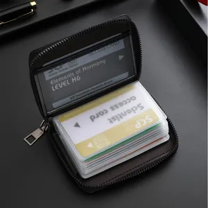 Black leather zipper card holder wallet with multiple transparent slots and SCP theme cards.