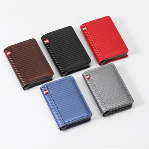 Men's carbon fiber texture vertical card holder wallet with multi card slots and pop up design.