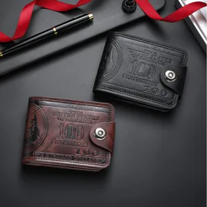 Portefeuille court pour homme en cuir avec design gaufré de billets de dollar et fermeture à bouton.