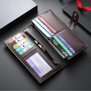 Men's long wallet multi-functional dark brown leather card holder with large capacity slots.