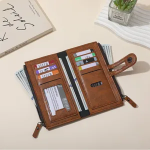 Women long PU leather wallet with multi card slots, zipper closure and clutch design for daily use.