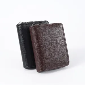 Classic short leather zipper wallet for men and women, compact coin purse and card holder.