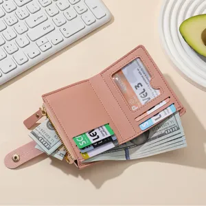 Pink women short wallet PU leather cute multi card slot purse coin pocket compact design