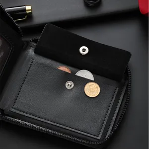 Men's short wallet vintage leather tri-fold coin purse with zipper and metal snap clasp.