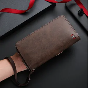 Men's long brown leather wallet clutch large capacity casual purse for men stylish design